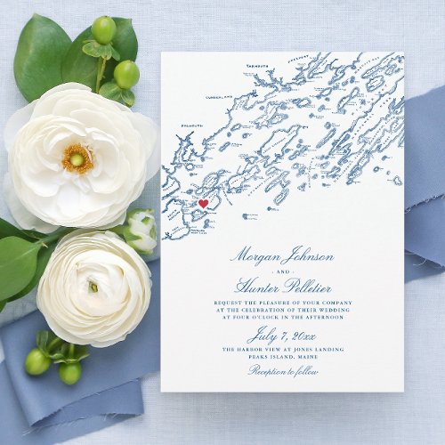 Peaks Island Casco Bay Elegant Navy Map Wedding Invitation