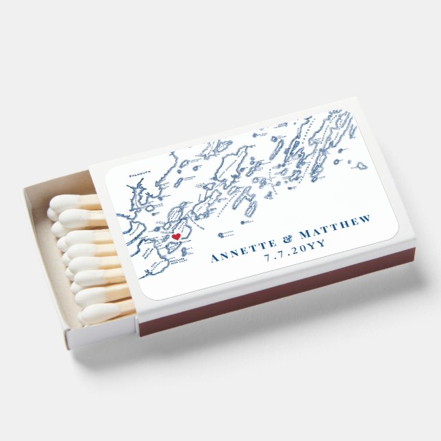 Peaks Island Maine Casco Bay Navy Elegant Wedding Matchboxes (Front Open)