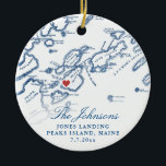 Peaks Island Maine Map Newlywed Photo Christmas Ceramic Ornament<br><div class="desc">Commemorate your Peaks Island wedding with our personalized wedding keepsake Christmas ornament, featuring an elegant map of Casco Bay on the front and your wedding photo on the back. Perfect for couples married at The Inn on Peaks Island or Jones Landing, this ornament captures the essence of your special day....</div>
