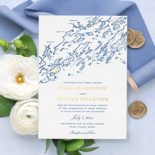  Peaks Island Maine Wedding Elegant Navy and Gold Foil Invitation