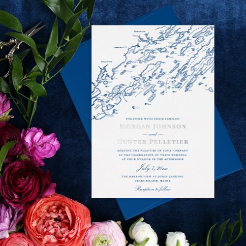  Peaks Island Maine Wedding Elegant Navy Silver Foil Invitation