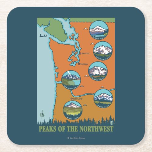 Peaks of the Northwest _ 5 Different Mountains Square Paper Coaster