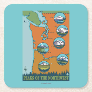 Peaks of the Northwest - 5 Different Mountains Square Paper Coaster