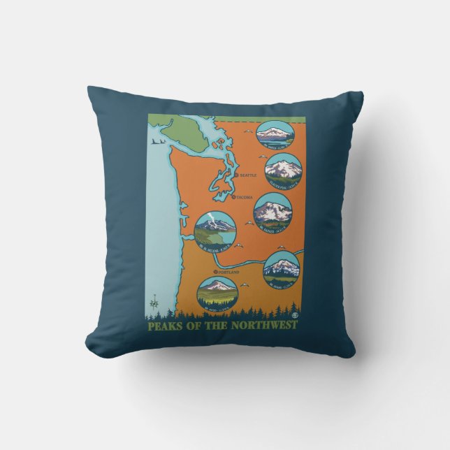 Peaks of the Northwest - 5 Different Mountains Throw Pillow (Front)