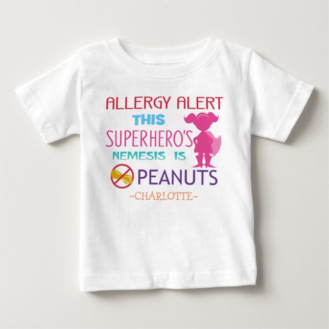 Peanut Allergy Alert Superhero Girls Custom Baby T-Shirt (Front)
