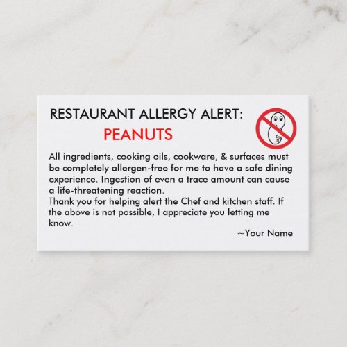 Peanut Allergy Restaurant  ICE Card