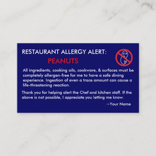Peanut Allergy Restaurant  ICE Card _ FNB