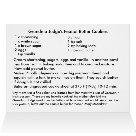 Peanut Butter Cookie Recipe Card (Inside Horizontal (Top))