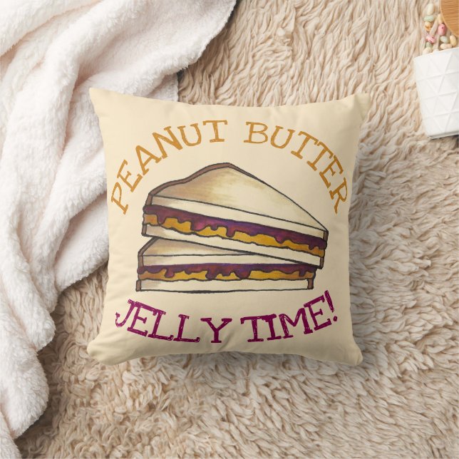 Peanut Butter Jelly Time PBJ Sandwich Foodie Lunch Throw Pillow (Blanket)