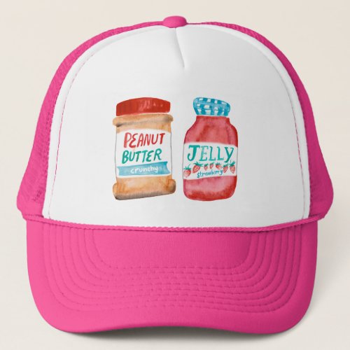 Peanut Butter  Strawberry Jelly Watercolor Art Trucker Hat