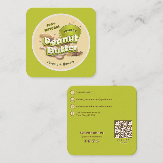 Peanut Butter Trendy Professional Logo Cute Green Square Business Card (Front/Back)