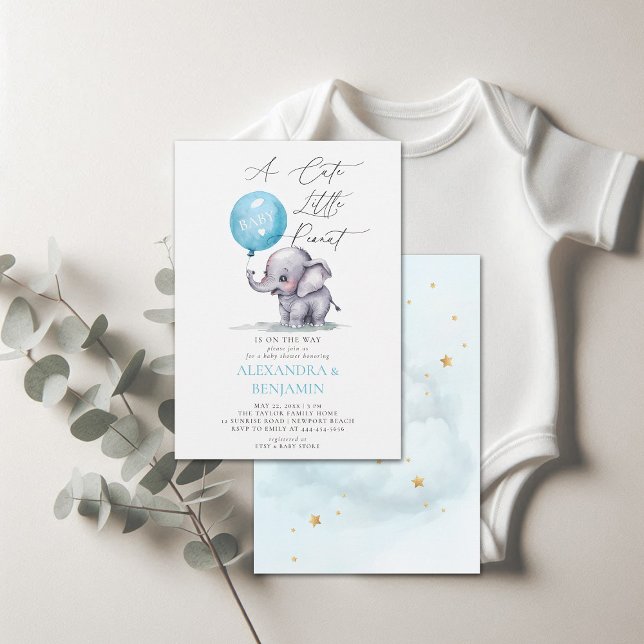 Peanut Cute Elephant Watercolor Baby Boy Shower Invitation (little peanut baby shower invitation elephant balloon watercolor coed couple modern elegant cute)