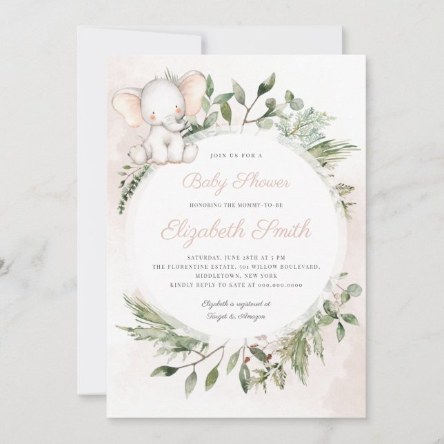 Peanut Elephant Girl Greenery Baby Shower Invitation (Front)