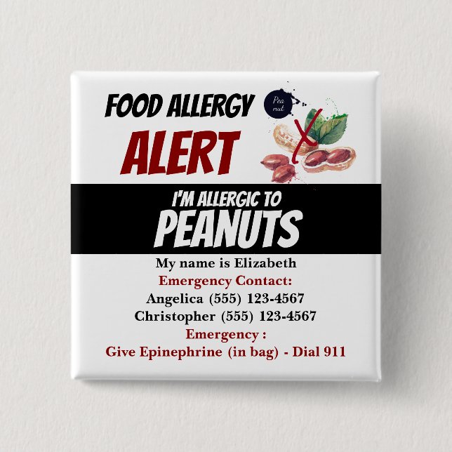 Peanut Food Allergy Alert Warning Button (Front)