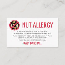 Peanut Tree Nut Allergy Alert Restaurant Card