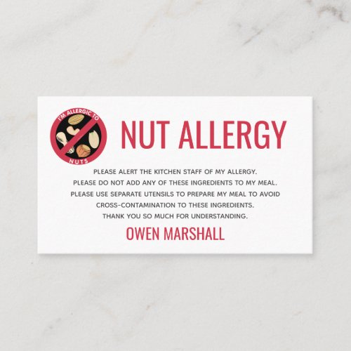 Peanut Tree Nut Allergy Alert Restaurant Card