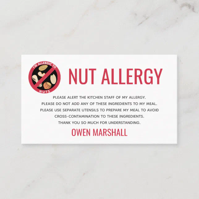 Peanut Tree Nut Allergy Alert Restaurant Card Zazzle