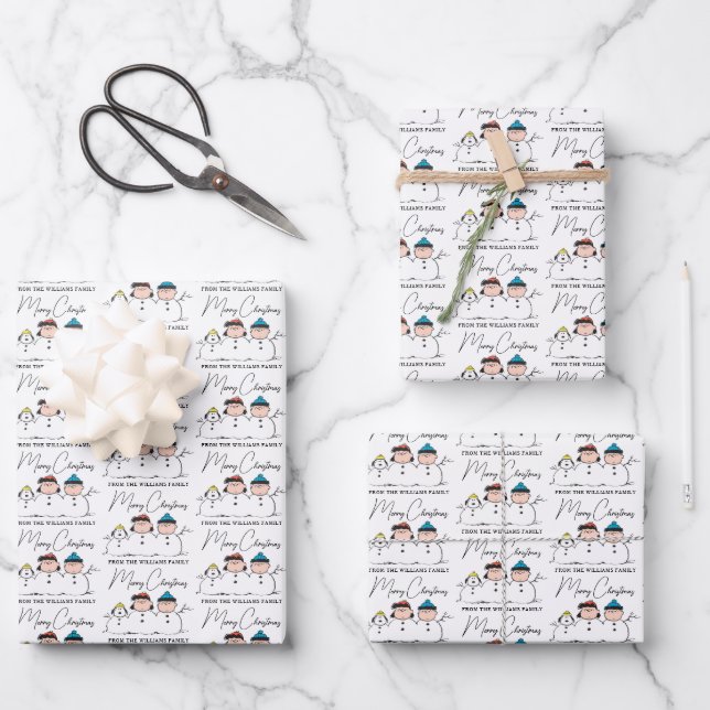 Peanuts | 3 Person Snowman Wrapping Paper Sheets (Front)