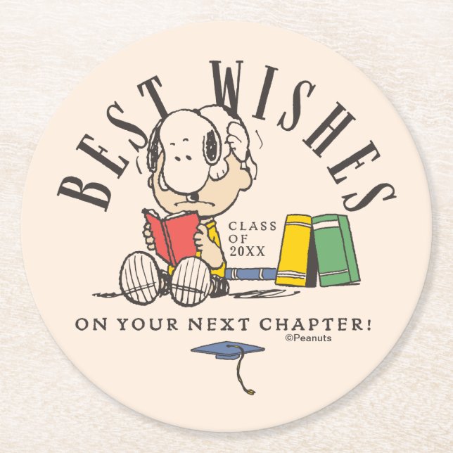 Peanuts Best Wishes Graduation Snoopy Reading Round Paper Coaster (Front)