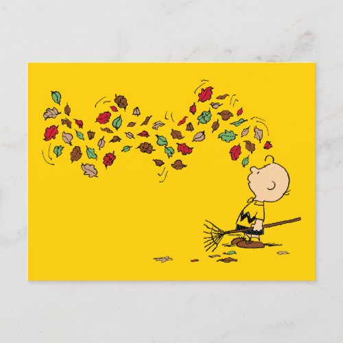 Peanuts  Charlie Brown Raking Leaves Postcard