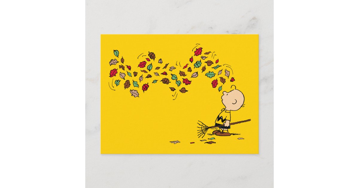 Snoopy Raking Peanuts | Charlie Brown Raking Leaves Postcard | Zazzle