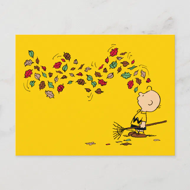 Snoopy Raking Peanuts | Charlie Brown Raking Leaves Postcard | Zazzle