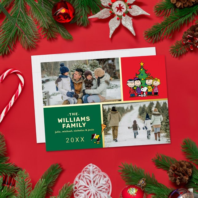Peanuts Christmas Family Photo Collage Foil Holiday Card (Card on festive table)