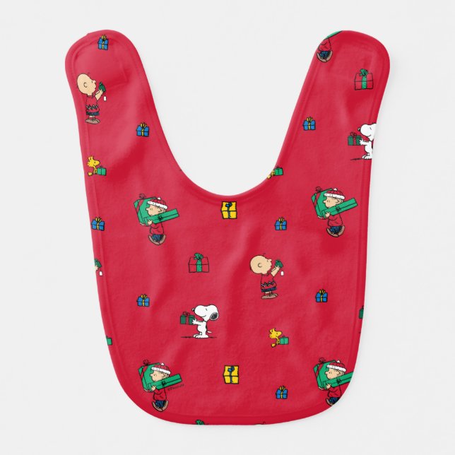 Peanuts | Christmas Gift Giving Red Baby Bib (Front)