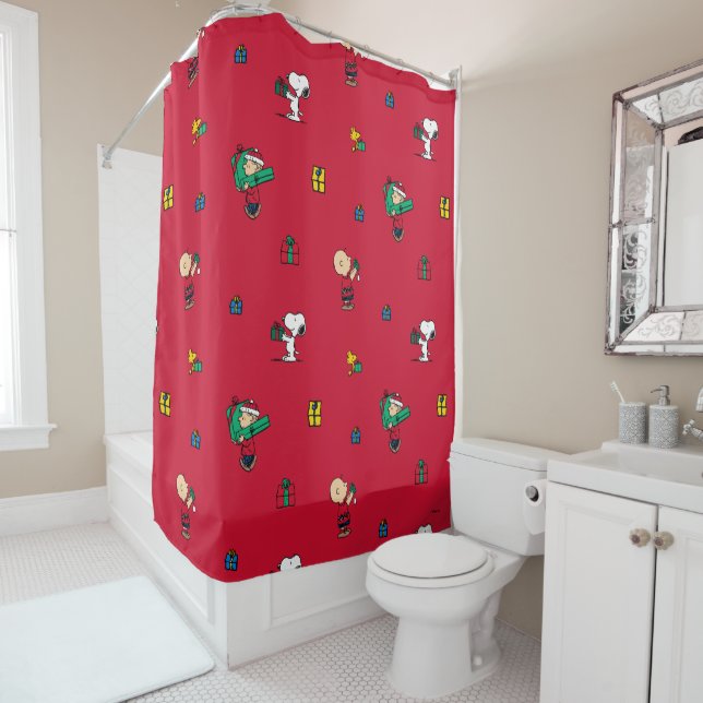 Peanuts | Christmas Gift Giving Red Shower Curtain (In Situ)