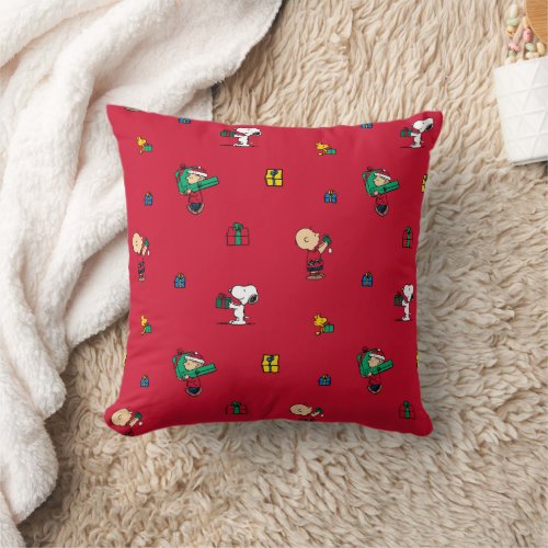 Peanuts  Christmas Gift Giving Red Throw Pillow