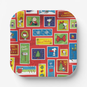 Peanuts   Christmas Postage Stamps Pattern Paper Plates