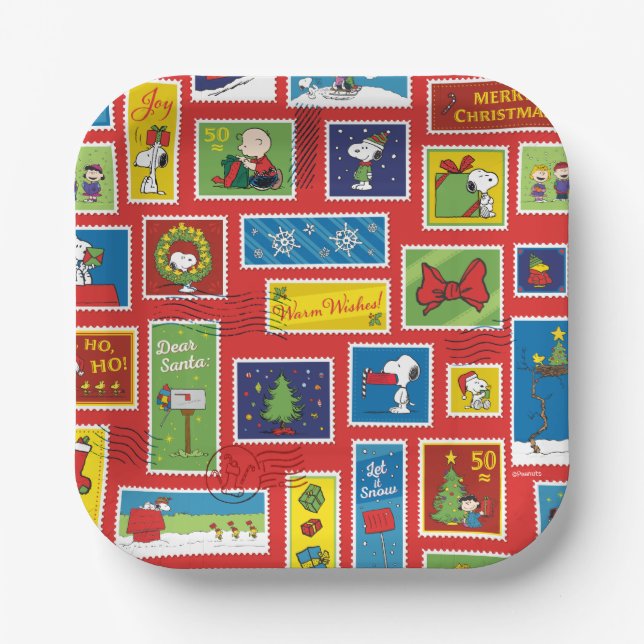 Peanuts | Christmas Postage Stamps Pattern Paper Plates (Front)