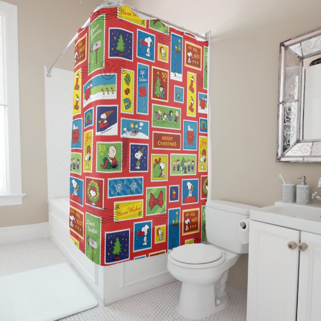 Peanuts | Christmas Postage Stamps Pattern Shower Curtain (In Situ)