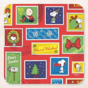 Peanuts | Christmas Postage Stamps Pattern Square Paper Coaster