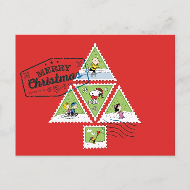 Peanuts | Christmas Tree Postage Stamps Holiday Postcard (Front)