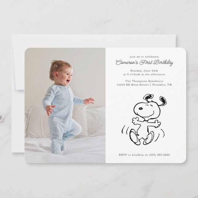 Peanuts | Dancing Snoopy Photo Birthday Invitation (Front)