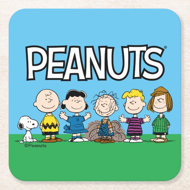 Peanuts Friends In A Row Square Paper Coaster (Front)