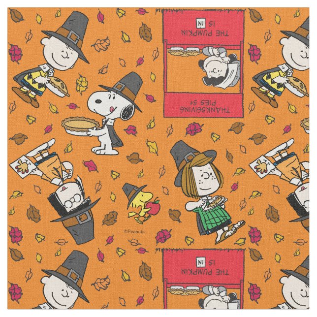 Peanuts Gang Pilgrim Thanksgiving Fabric (Close Up)