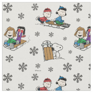 Peanuts Gang Sledding and Snowflakes Fabric
