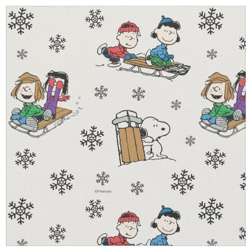 Peanuts Gang Sledding and Snowflakes Fabric
