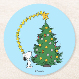 Peanuts Holiday Tree Trimming Round Paper Coaster