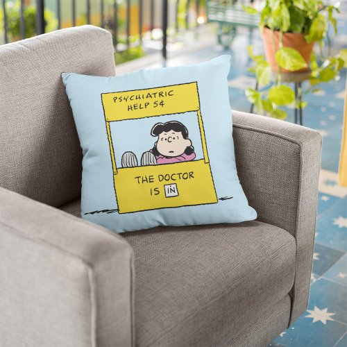 Peanuts  Lucy  the Doctor Is In Throw Pillow