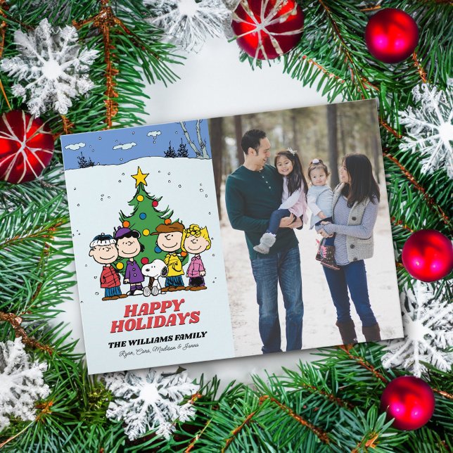 Peanuts Merry Christmas | Add Your Photo & Name Holiday Postcard (Card on table)