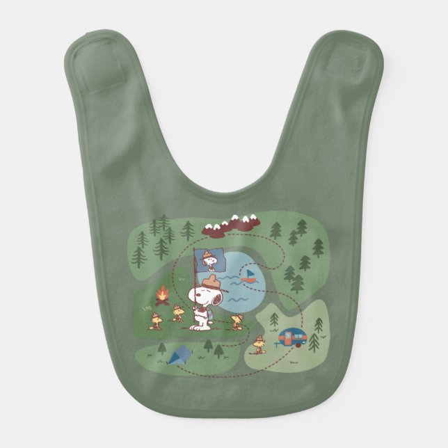 Peanuts | Nestled in the Mountains Campsite Baby Bib (Front)