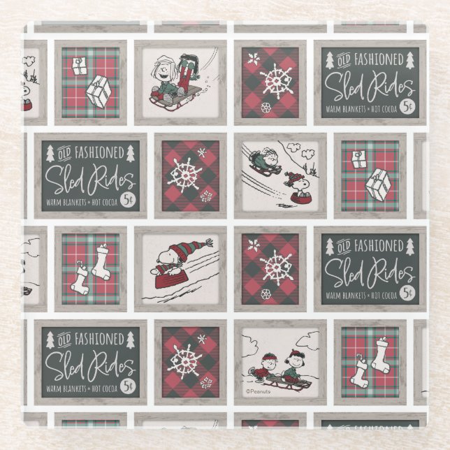 Peanuts | Old Fashioned Sleigh Rides Pattern Glass Coaster (Front)