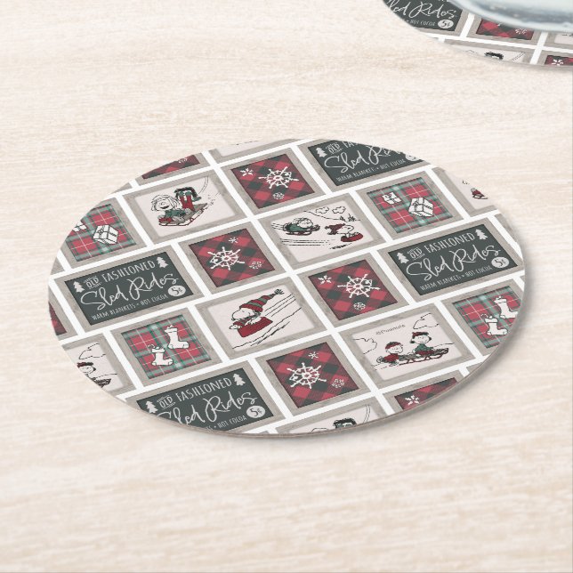 Peanuts | Old Fashioned Sleigh Rides Pattern Round Paper Coaster (Angled)