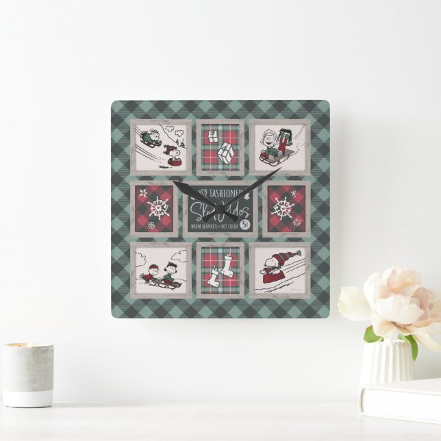 Peanuts | Old Fashioned Sleigh Rides Pattern Square Wall Clock (Home)