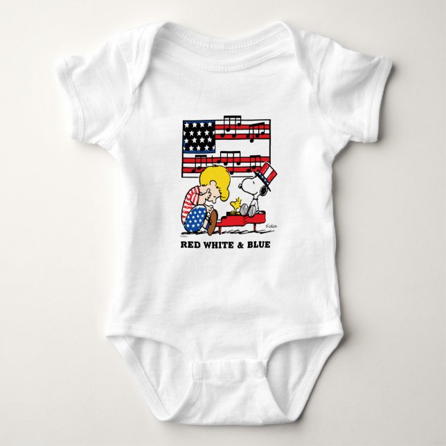 Peanuts | Patriotic Schroeder, Woodstock & Snoopy Baby Bodysuit (Front)