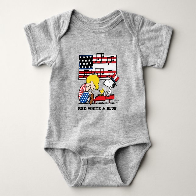 Peanuts | Patriotic Schroeder, Woodstock & Snoopy Baby Bodysuit (Front)