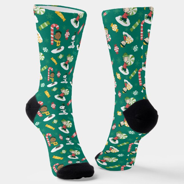 Peanuts Peppermint Dreams Holiday Pattern Socks (Angled)